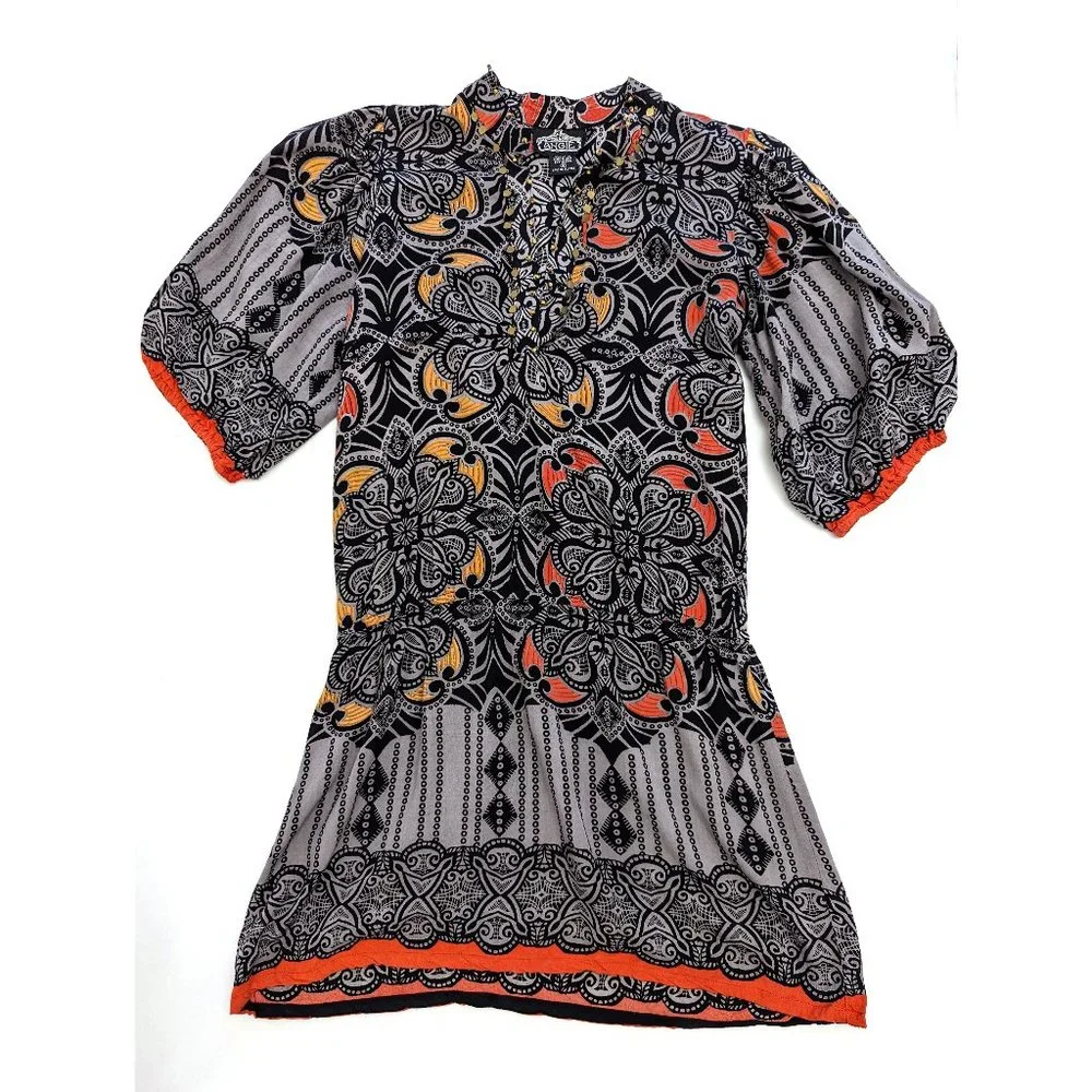 Angie Dress Tunic Top Paisley V-Neck Boho Festival Gray Red Women's Size Small - Picture 1 of 3